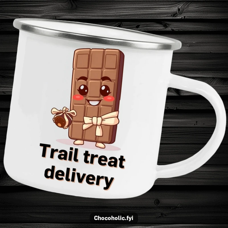 Funny camping mug featuring a chocolate bar character offering a tiny truffle, perfect for enjoying hot beverages during outdoor adventures.
