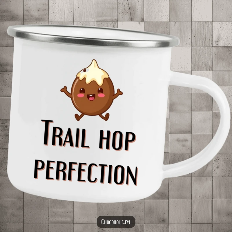 Funny chocolate truffle camping mug with a character doing a little happy hop, perfect for outdoor enjoyment.