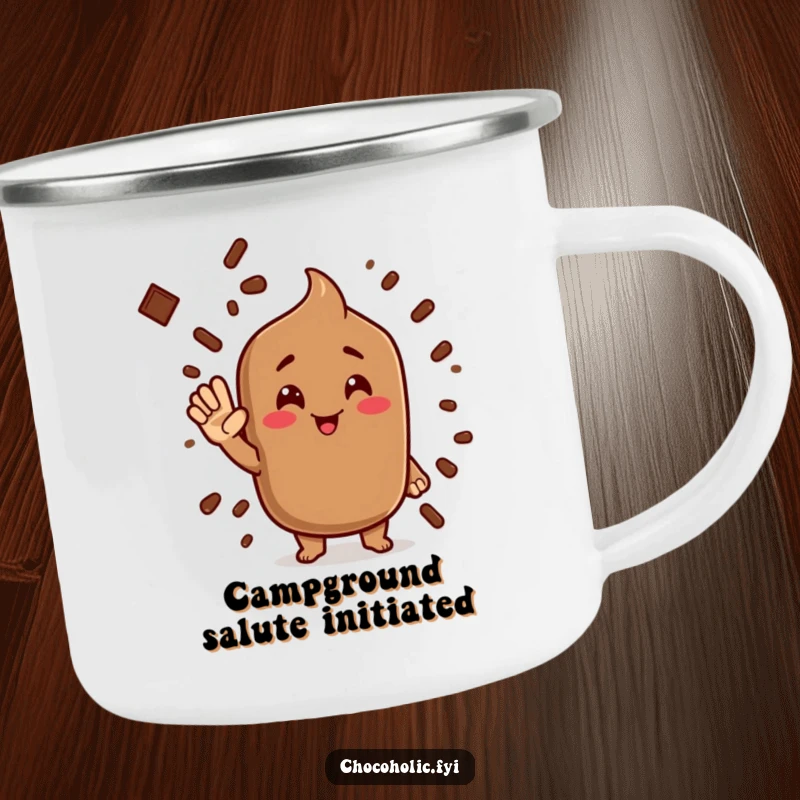 Funny cocoa powder camping mug with a character giving a silly salute, perfect for outdoor enjoyment.