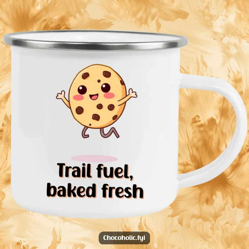 Funny chocolate chip cookie character, mid-leap, on a durable campfire mug, perfect for outdoor adventures.