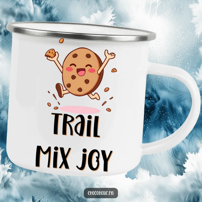 Funny camping mug featuring a kawaii chocolate cookie character leaping with joy and scattering crumbs, built for happy sipping.