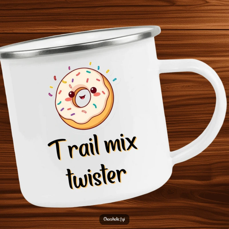 Funny kawaii donut character, spinning with sprinkles flying, on a durable campfire mug, ideal for outdoor enjoyment.