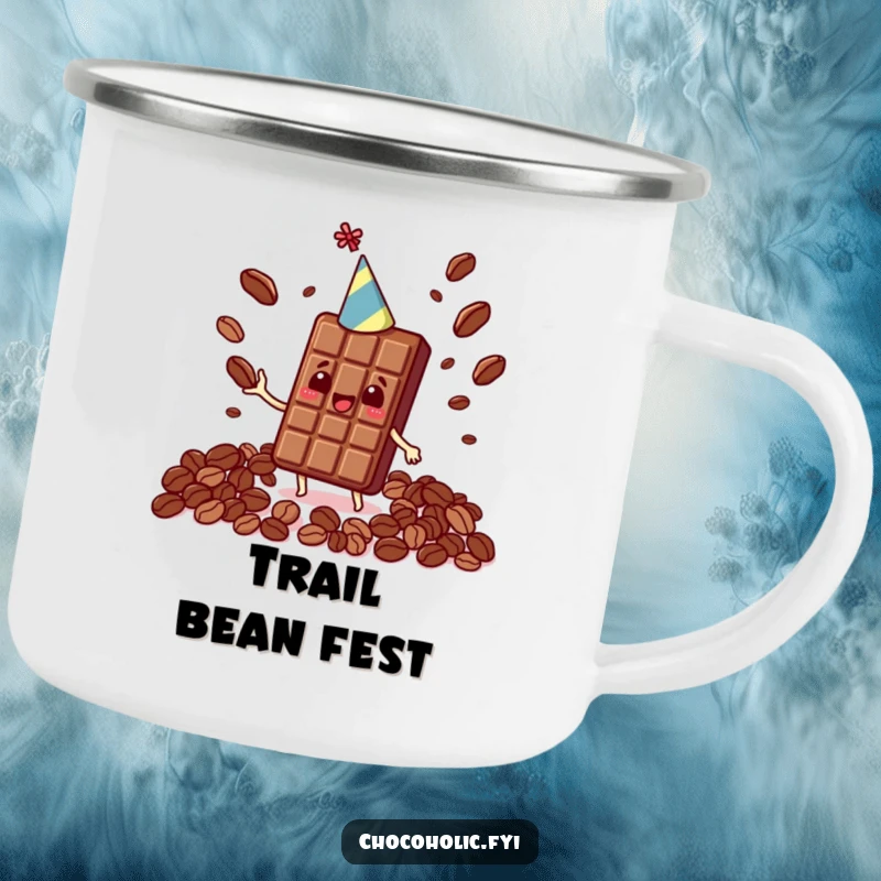 Funny Kawaii chocolate bar wearing a party hat, juggling cocoa beans, on a durable camping mug.