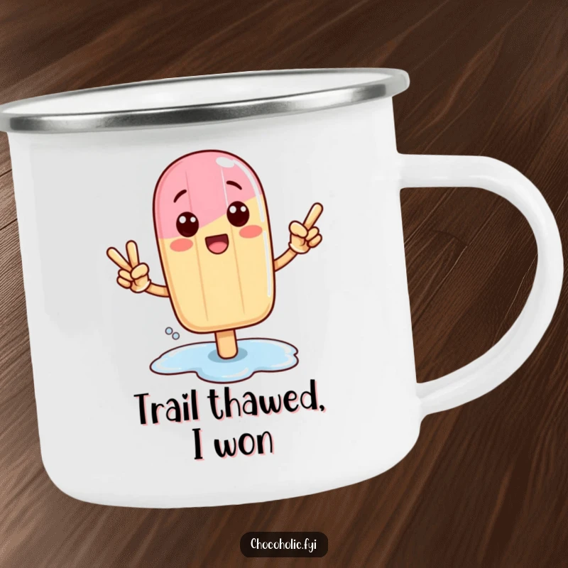 Funny Kawaii popsicle character in a victory pose with a melting puddle, on a camping mug.