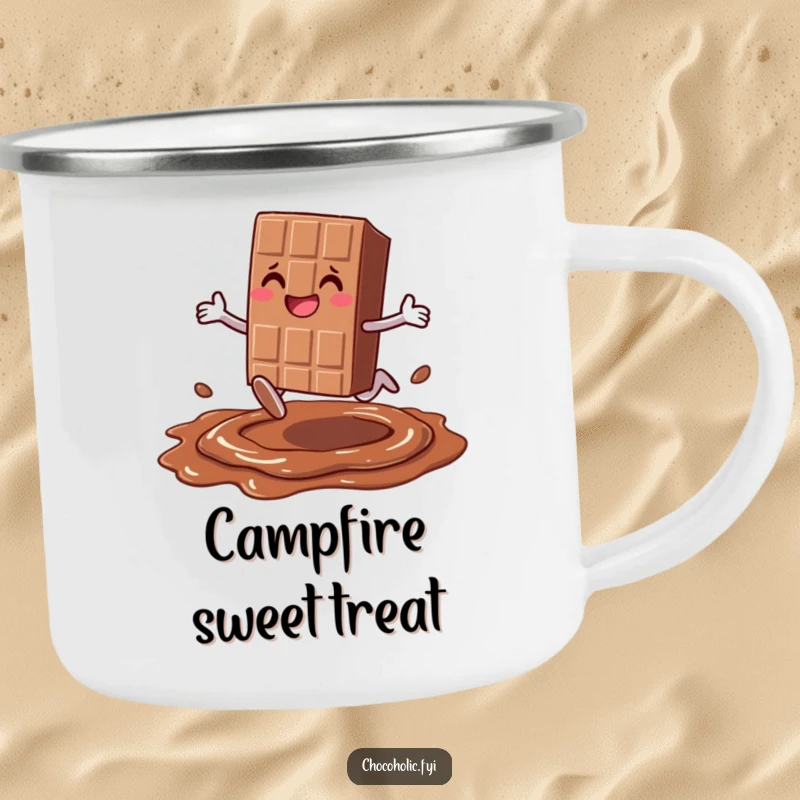 Funny smiling chocolate bar character with legs joyfully leaping over melted chocolate, on a durable camping mug for sweet outdoor fun.
