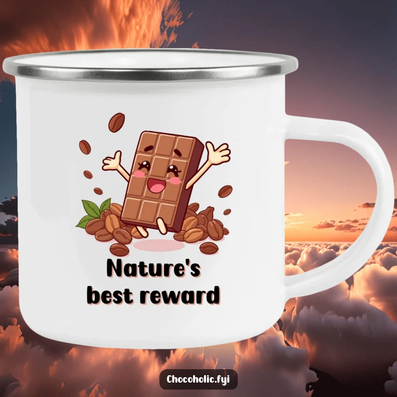 Funny camping mug showing a chocolate bar character leaping with delight, surrounded by cocoa beans, perfect for outdoor sipping.