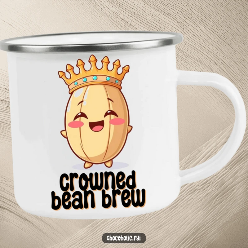 Funny camping mug showcasing a happy cocoa bean wearing a crown, perfect for outdoor enthusiasts who love humor.