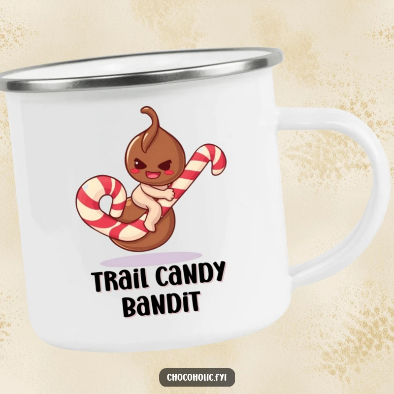 Funny chocolate truffle camping mug character with a mischievous smirk, attempting to ride a giant candy cane, for outdoor fun.