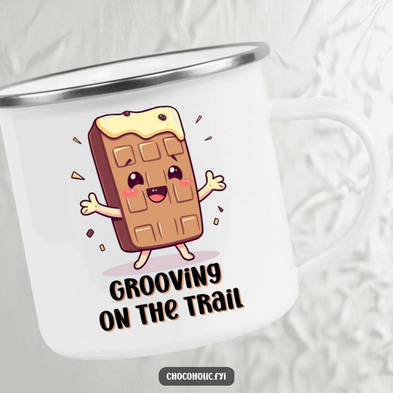 Funny camping mug with a kawaii chocolate bar character doing a silly, exaggerated shimmy, perfect for outdoor fun.