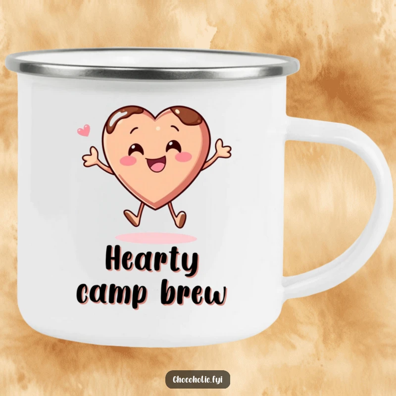Funny camping mug with a chocolate heart character bouncing with glee, perfect for happy campers.