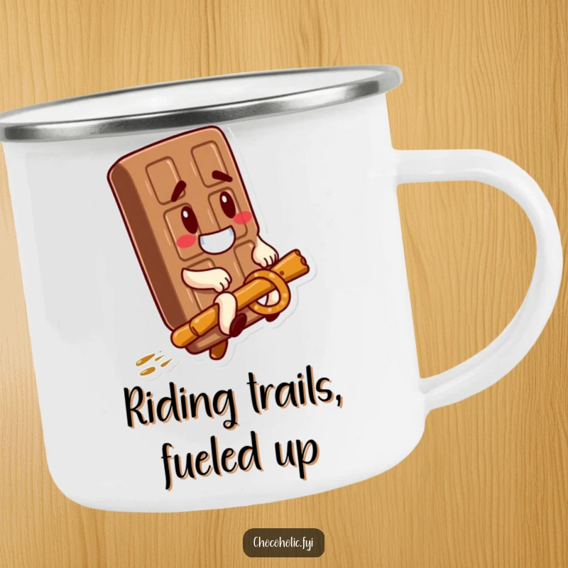 Funny Camping Mug: A goofy chocolate bar rides a pretzel stick, perfect for enjoying drinks on your next outdoor adventure.