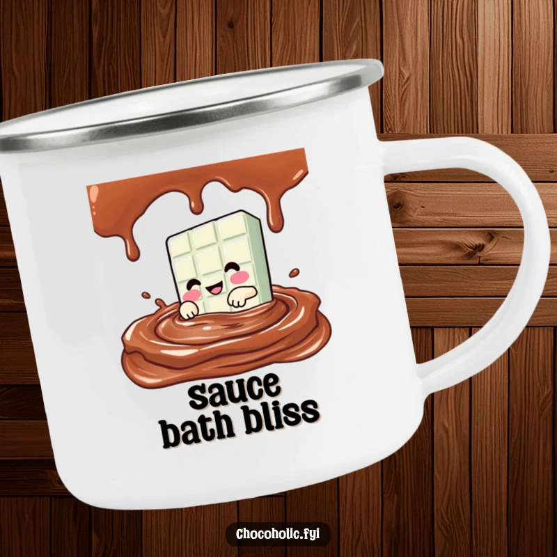 Funny Kawaii chocolate bar character diving into a pool of chocolate sauce on a durable camping mug.