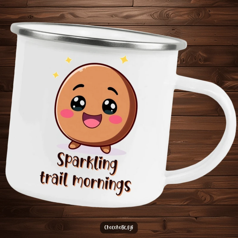 Funny kawaii chocolate chip with a big, excited smile and sparkling eyes on a camping mug, ready for exciting adventures.