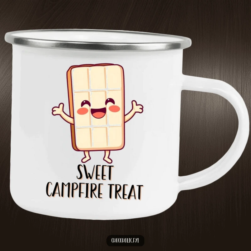 Funny Kawaii chocolate bar character smiling and dancing happily on a camping mug, perfect for sweet outdoor moments.