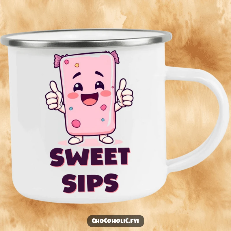 Funny Kawaii candy bar character giving two thumbs up, a durable and humorous camping mug.