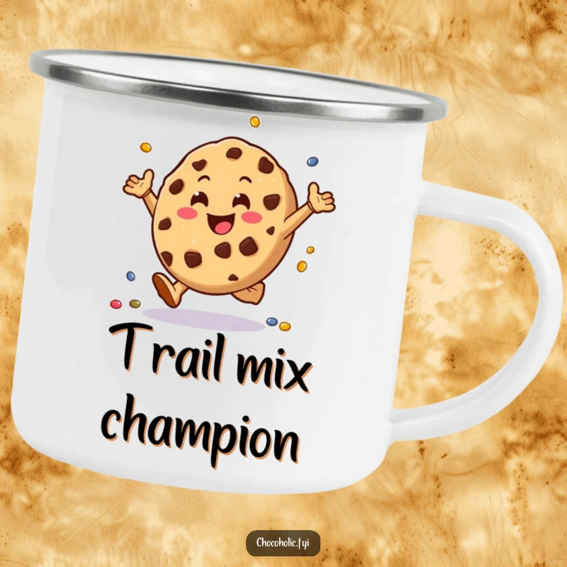 Funny chocolate chip cookie camping mug character doing cartwheels with tiny candies, ideal for enjoying drinks outdoors with a cheerful vibe.