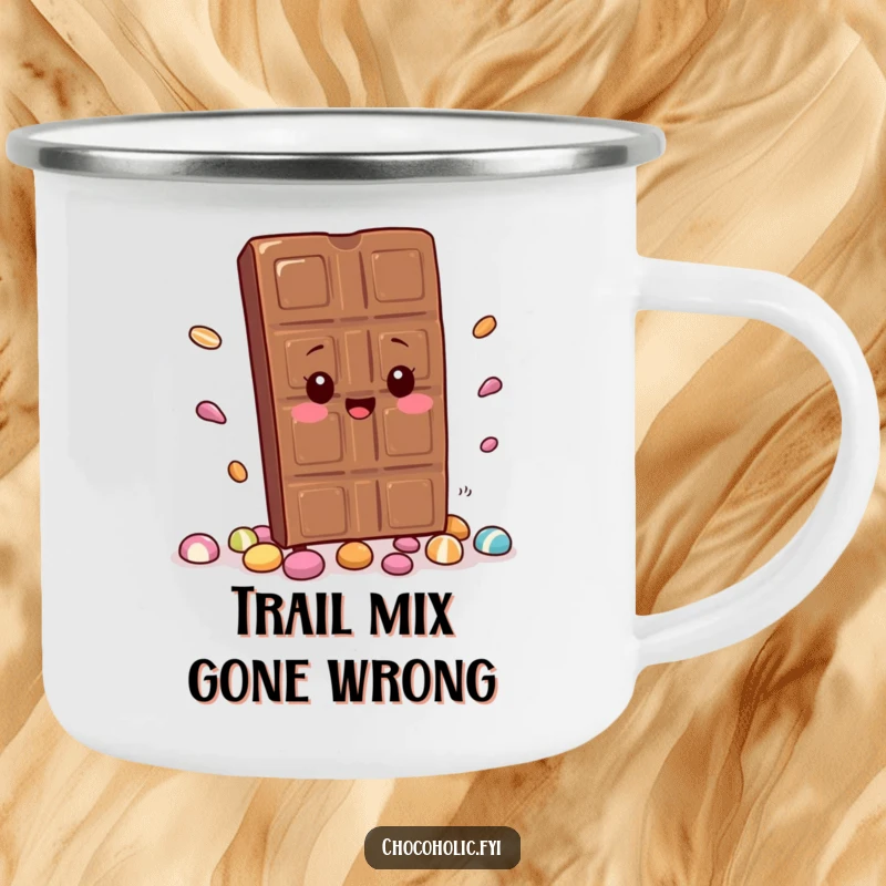 Funny Camping Mug: A kawaii chocolate bar trips adorably, scattering candy. Ideal for campers who enjoy cute and humorous outdoor gear.