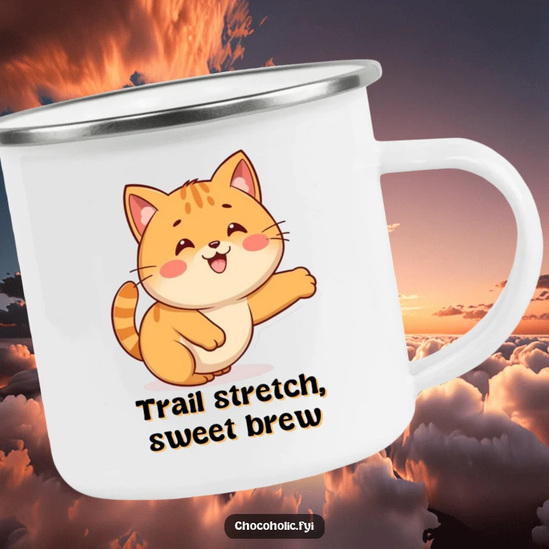 Funny Kawaii caramel character stretching like a cat, printed on a rugged camping mug for outdoor adventures.