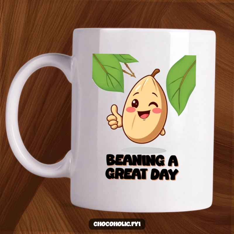 Funny Mug: A happy cocoa bean smiling brightly and giving an enthusiastic thumbs up, radiating positivity.