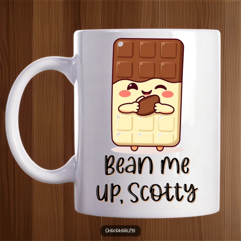 Funny kawaii chocolate bar mug with a joyful smile winking and holding a cocoa bean, perfect for coffee lovers.
