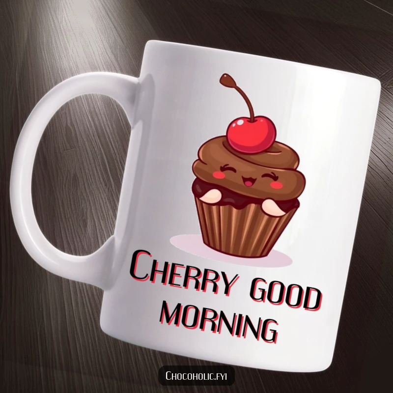 Funny Mug featuring a cute chocolate cupcake with a cherry striking a playful and charming pose. A delightful and sweet design.