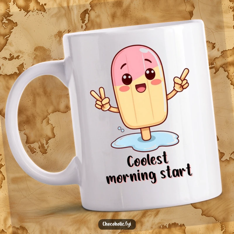 Funny Kawaii popsicle character in a victory pose, with a small melting puddle at its base, on a mug.