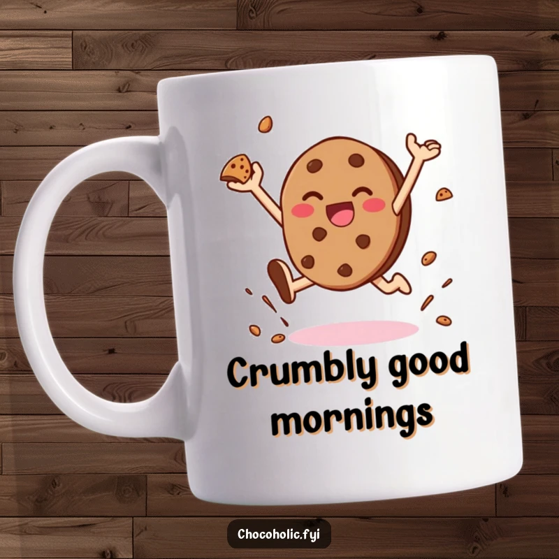 Funny mug featuring a kawaii chocolate cookie character joyfully leaping and throwing cookie crumbs with pure delight.