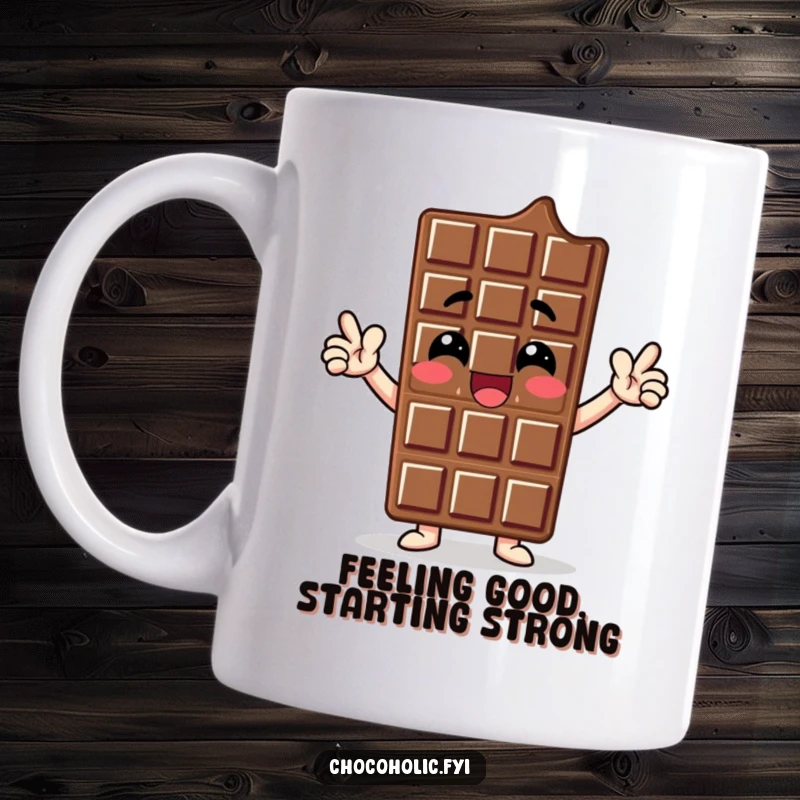 Funny mug showing a proud chocolate bar character striking an enthusiastic and confident pose, radiating self-assured sweetness.