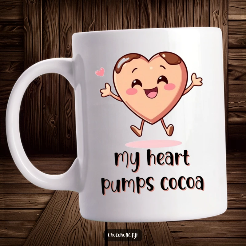 Funny mug with a chocolate heart character joyfully bouncing with glee, radiating love and happiness.