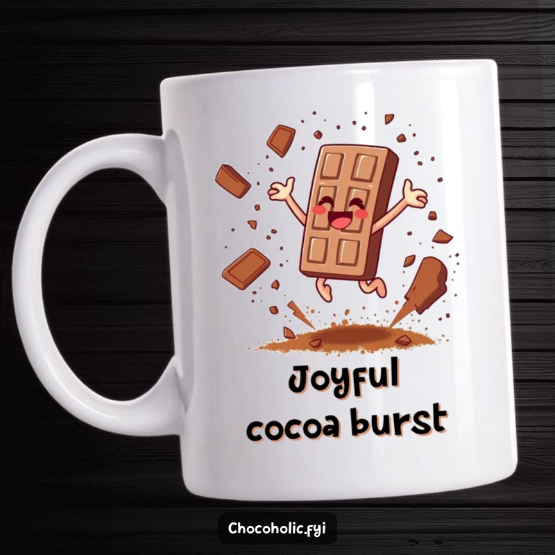 Funny chocolate bar character leaping joyfully, scattering cocoa powder like confetti on a mug, expressing pure delight.