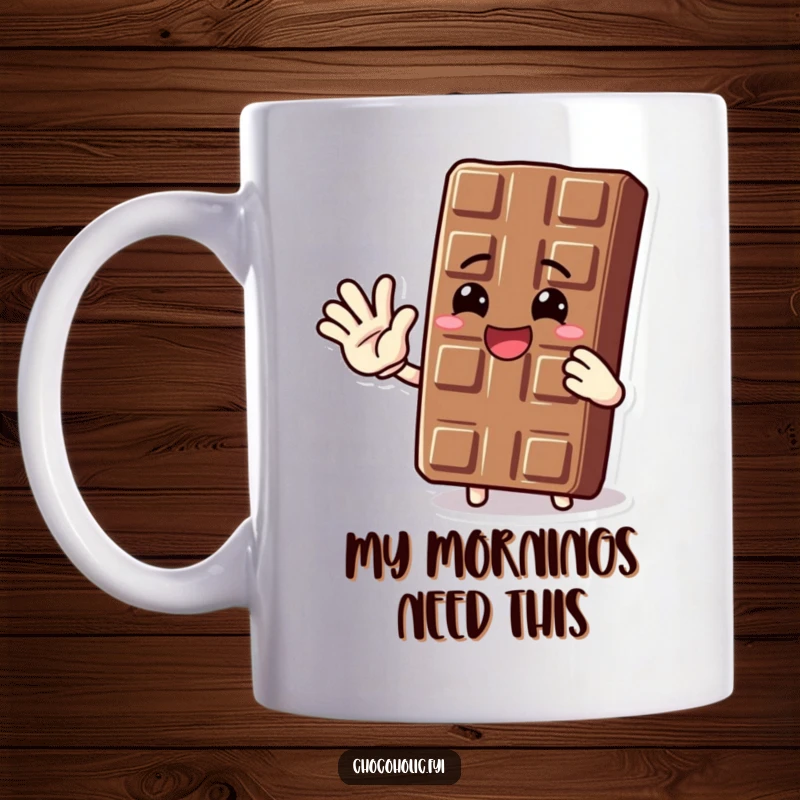 Funny mug featuring a smiling chocolate bar character waving energetically, embodying pure joy and chocolatey enthusiasm.