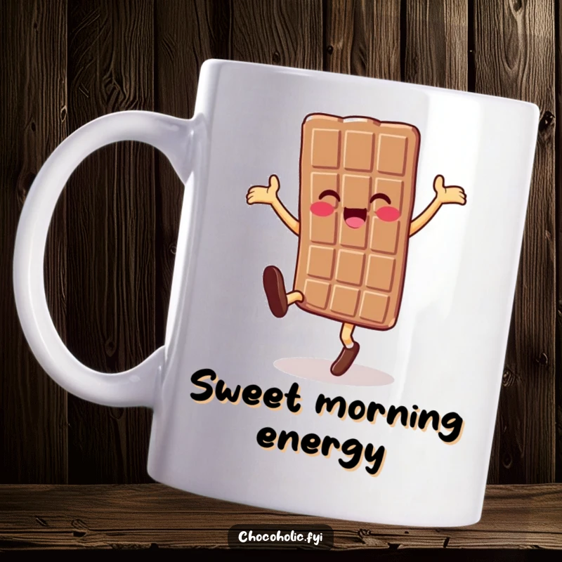 Funny chocolate bar character doing a happy cartwheel on a mug, symbolizing pure joy and energy.