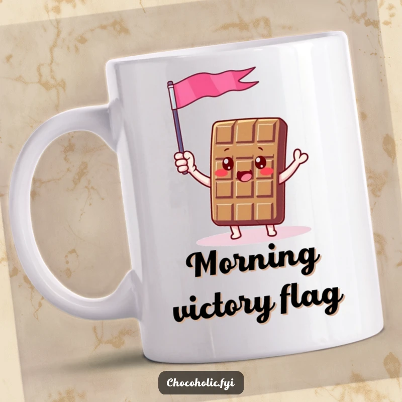 Funny mug with a chocolate bar character enthusiastically waving a small flag crafted from shiny chocolate foil, symbolizing sweet victory.