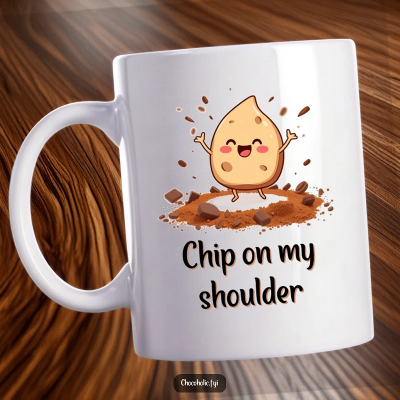 Funny chocolate chip with tiny legs doing a happy dance, scattering cocoa powder, on a coffee mug.