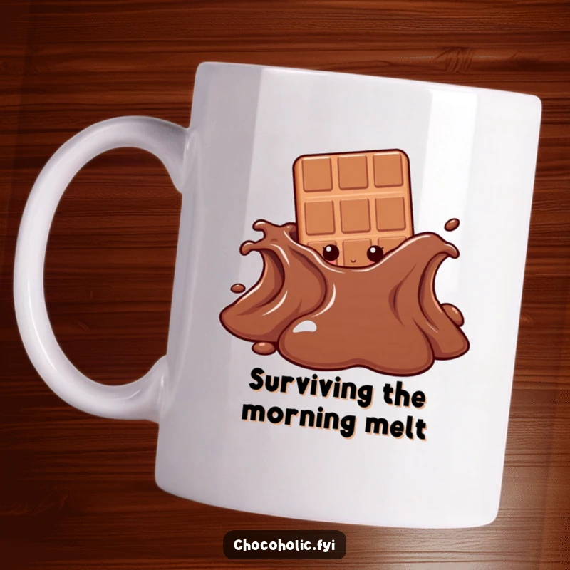 Funny mug with a chocolate bar character playfully peeking from behind a large, melting chocolate puddle, hinting at sweet mischief.