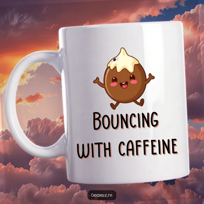 Funny chocolate truffle mug with a character doing a little happy hop, expressing pure delight and sweetness.