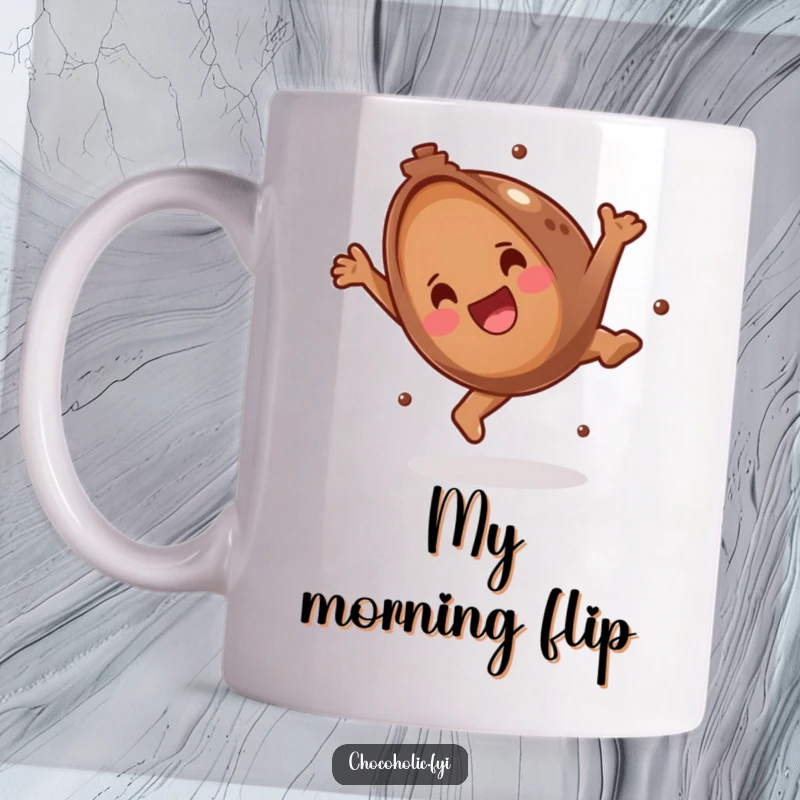 Funny Mug featuring a happy chocolate truffle mid-somersault with a joyful expression, perfect for pastry lovers. A delightful and energetic design.