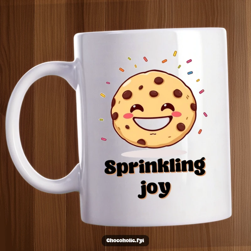 Funny Mug featuring a chocolate chip cookie with a huge grin, expertly juggling colorful sprinkles. A delightful and playful design.