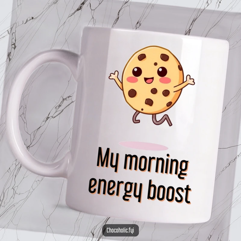 Funny chocolate chip cookie character mid-leap, legs kicking joyfully on a ceramic mug, exciting and energetic.