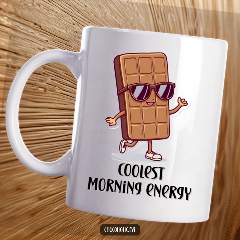 Funny mug featuring a cool chocolate bar character wearing sunglasses and doing a confident, stylish strut.