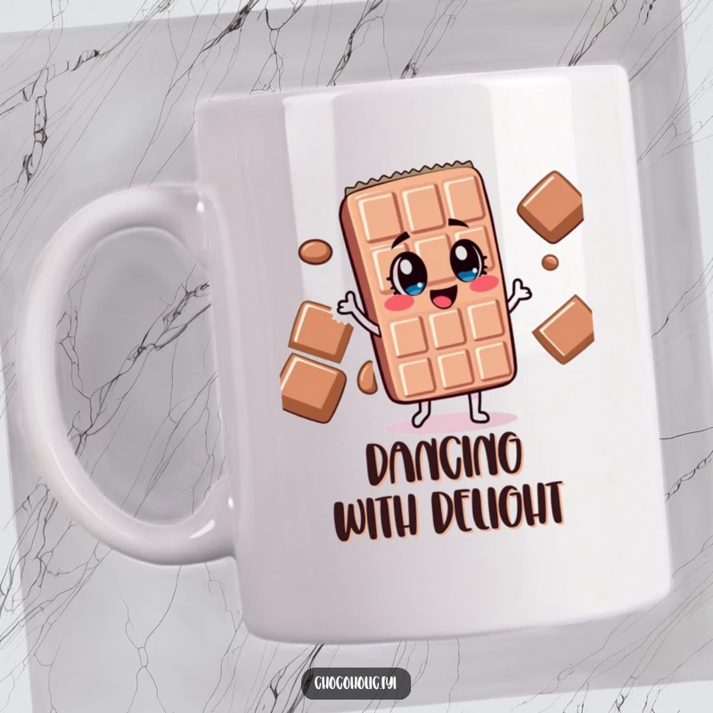 Funny chocolate bar character with wide, delighted eyes doing a silly dance on a mug, full of joy.