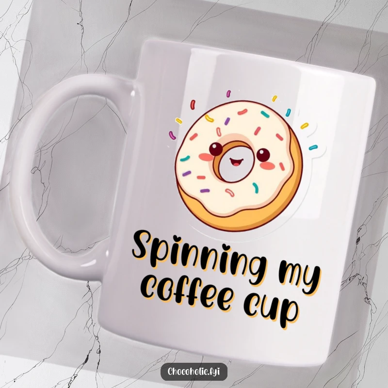 Funny kawaii donut character with sprinkles flying, captured mid-spin with delight on a mug, energetic and joyful.