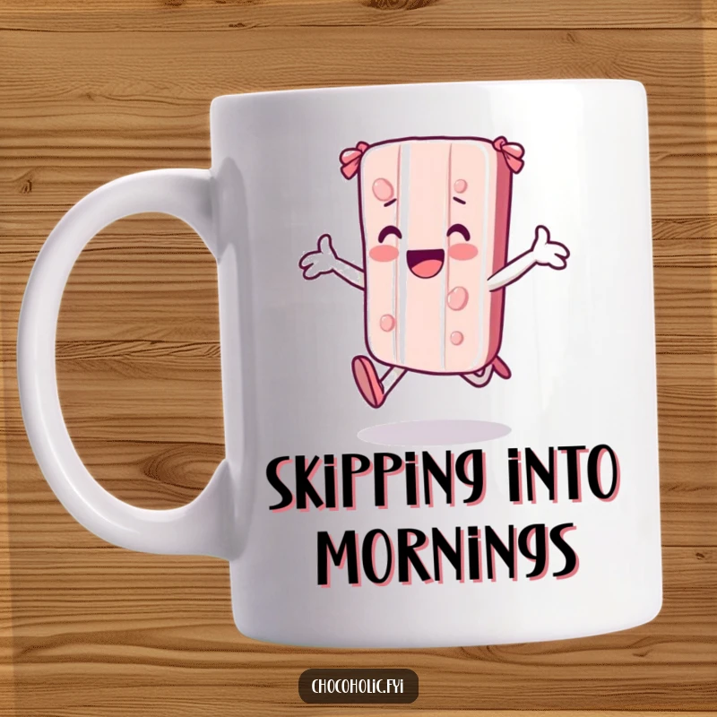 Funny kawaii candy bar character skipping joyfully with arms outstretched on a mug, representing pure happiness and freedom.