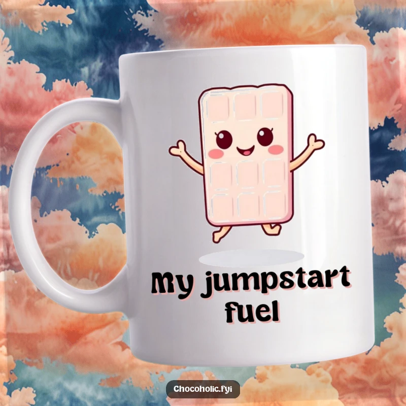 Funny kawaii chocolate bar character doing a happy little jump on a mug, showcasing pure joy and excitement, a perfect gift.