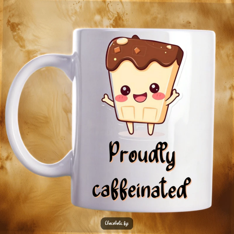 Funny mug with a kawaii chocolate bar character beaming with immense pride, exuding confidence and accomplishment.
