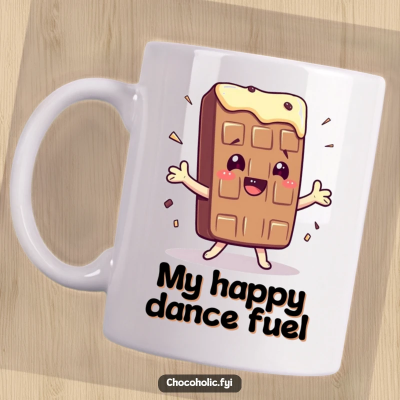 Funny mug with a kawaii chocolate bar character doing a hilarious, exaggerated shimmy dance with joyful abandon.