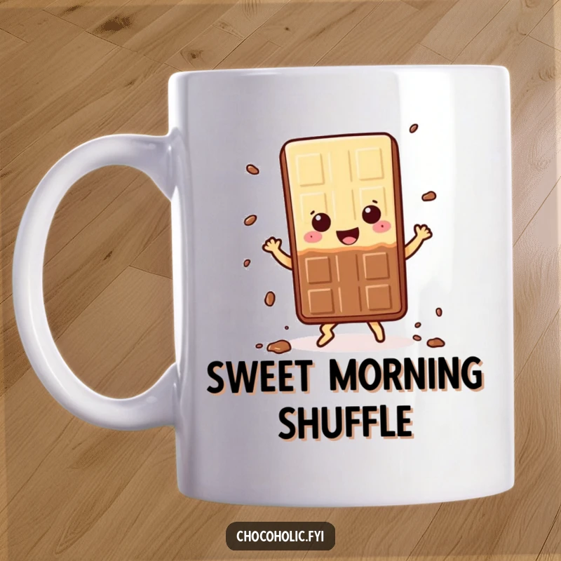 Funny Kawaii Chocolate Bar Mug, doing a happy dance and sloughing off small crumbs, conveying pure joy and sweetness, a delightful gift.