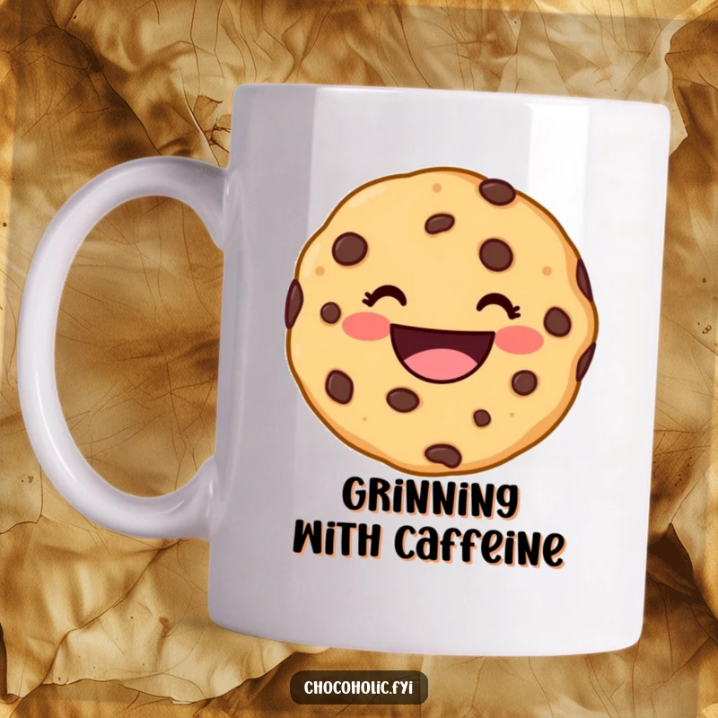 Funny kawaii chocolate chip cookie character with a wide, delighted grin on a mug, radiating pure joy, perfect for gifting.