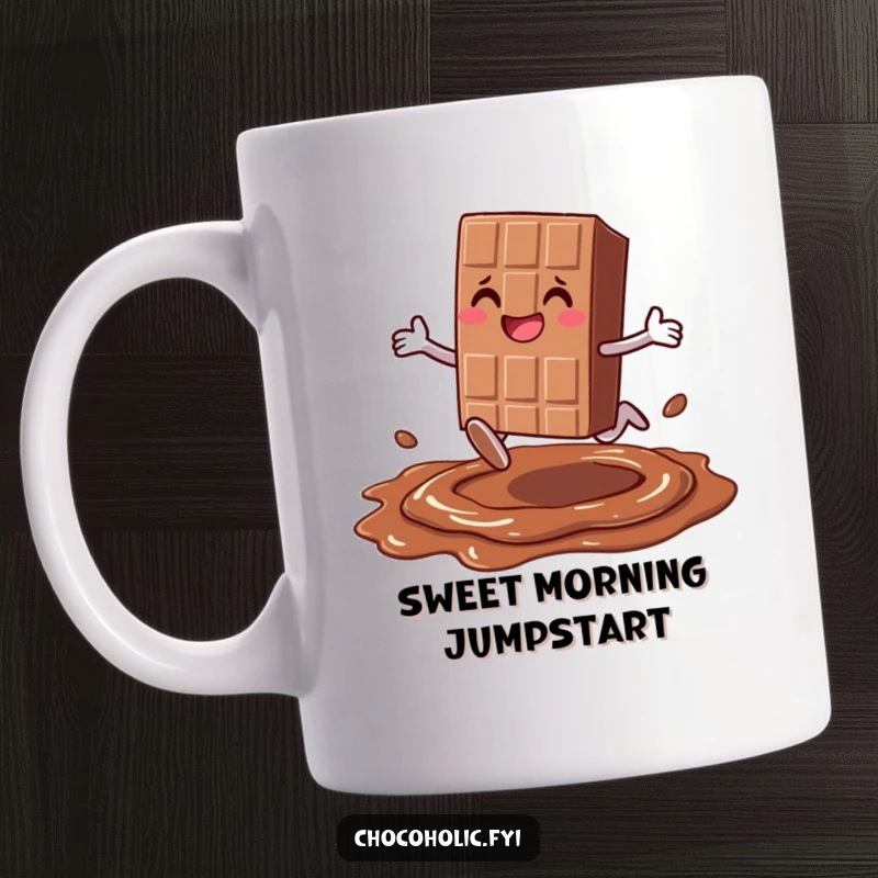 Funny smiling chocolate bar character with legs joyfully leaping over melted chocolate on a mug, symbolizing sweet adventures and happiness.
