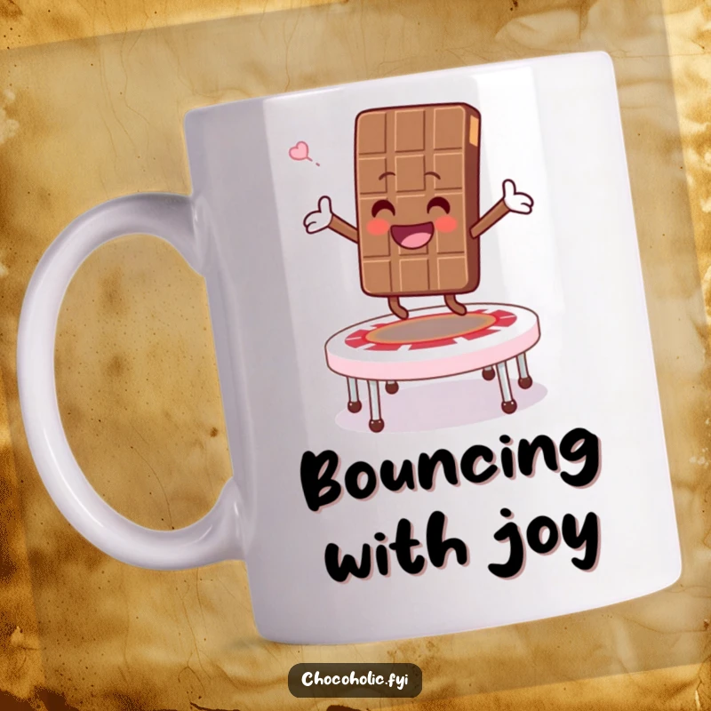 Funny mug with a chocolate bar character gleefully bouncing on a soft marshmallow trampoline, arms spread wide in exhilaration.